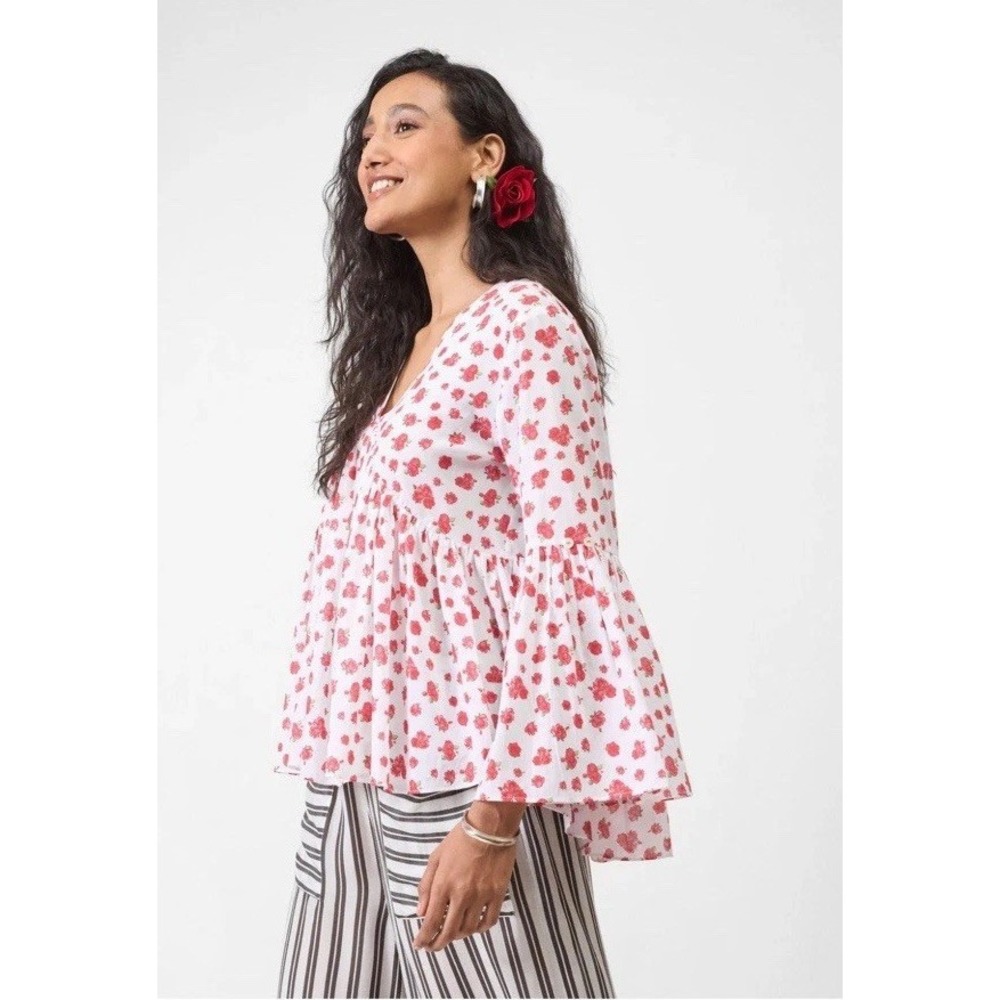 Nicobar Roses Print‎ Fit And Flare Babydoll Top Blouse Long Sleeves XS Romantic